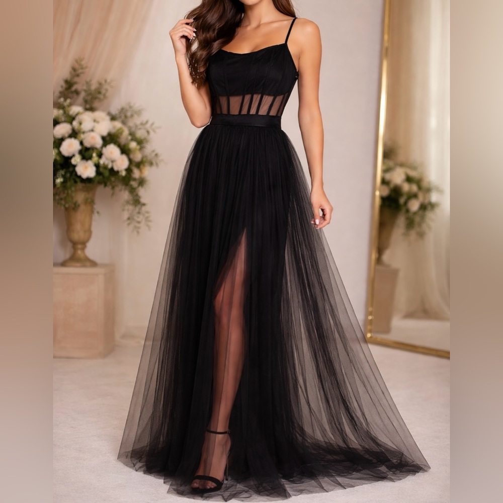 Windsor Black Tulle Cutout Waist Spaghetti Strap Leg Slit Formal Gown Large Prom